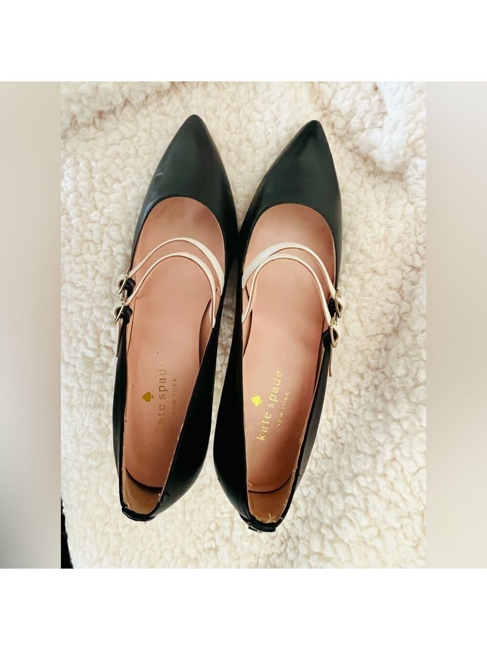 🎉HP🥳 Kate Spade Elpetha Heels in Black w/ Black Sparkle Heel & Cream Dbl Strap - Picture 5 of 16
